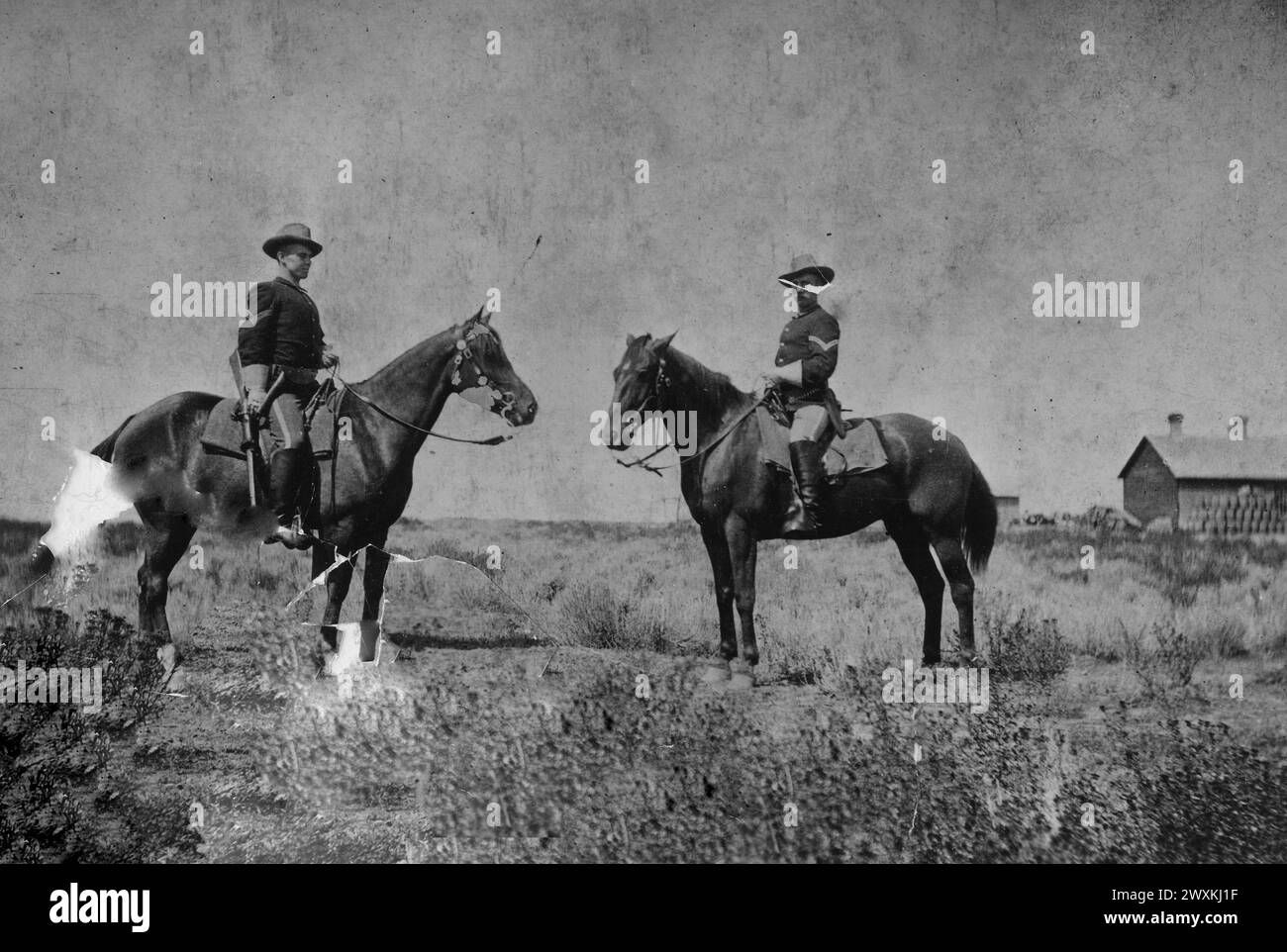 Sgt. John Bouck, Truppe K, 1. US-Kavallerie und CPL. Sampson getötet in Aktion mit Crow Indians, 5. November 1887, in Crow Agency, Montana Stockfoto