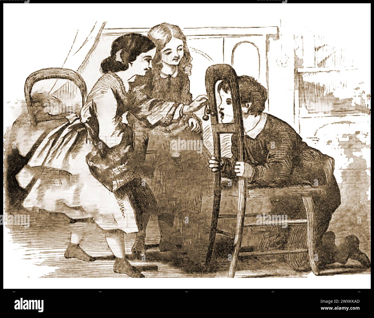 BOB CHERRY - Hausszene, viktorianisches Spiel. Kinder spielen den Zeitvertreib, bekannt als „Bob Cherry“, ein Spiel, bei dem eine Person versucht, mit dem Mund an einer schwingenden Kirsche zu schnappen. Das Spiel wurde bereits im 17. Jahrhundert von Erwachsenen gespielt Stockfoto