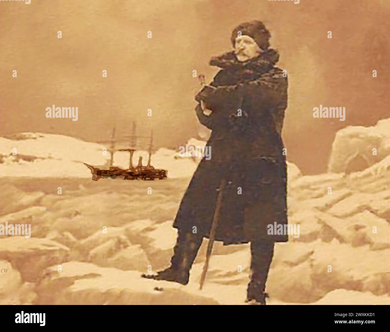 Porträt von Robert Peary Polar Explore. Robert Edwin Peary Sr. (/ 1856–1920) Er war ein US-amerikanischer Entdecker und Offizier der US-Marine, berühmt für mehrere Expeditionen in die Arktis im späten 19. Und frühen 20. Jahrhundert. Er behauptete, als erster den geografischen Nordpol erreicht zu haben. Er war 1896, Peary, Master Mason, und erhielt seinen Abschluss in der Nr. 454, New York City Kane Lodge. Das Roosevelt im Hintergrund wurde speziell für seine Polarforschungsexpeditionen entworfen und gebaut. i Stockfoto