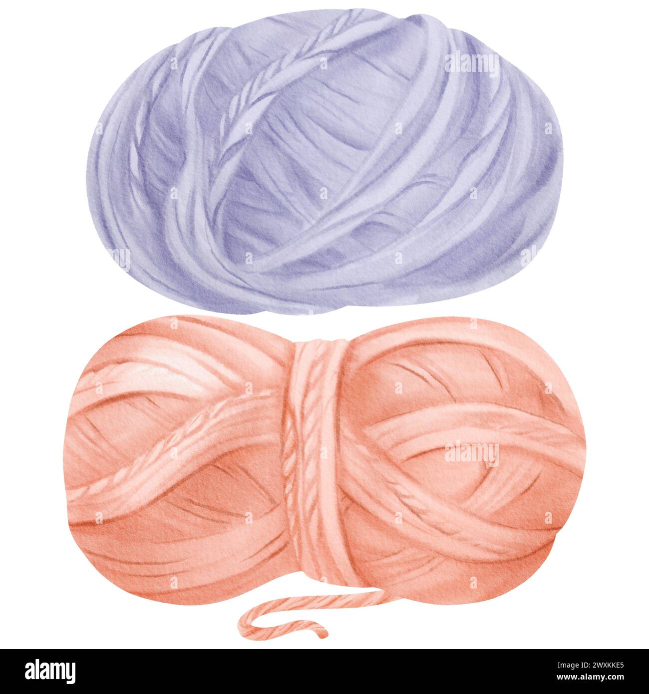 Eine Aquarellabbildung einer rosafarbenen und blauen Fadenspule. Aus Wolle und Baumwollfasern. Für Nähgeschäfte, Textilhersteller, Bildungseinrichtungen Stockfoto