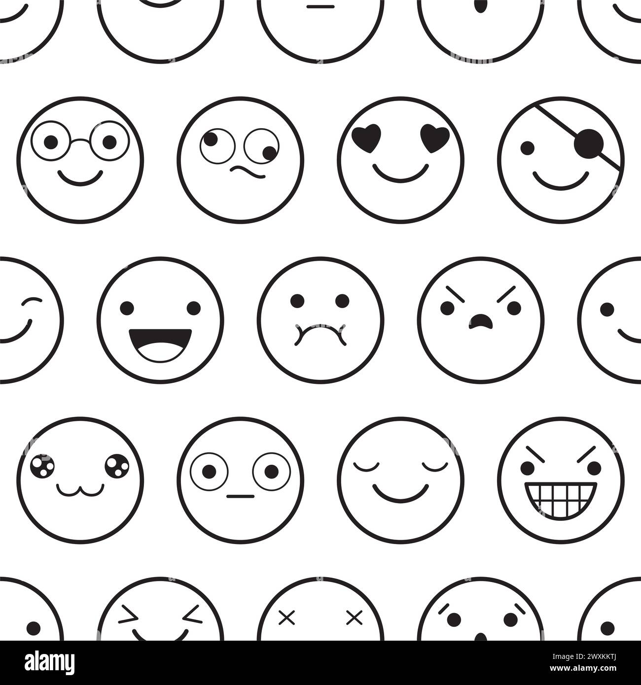 Nahtloses Schwarzweiß-Muster mit Emoticons. Emoji-Gesichter in unterschiedlichem Ausdruck. Endlose Textur kann für Füllungen mit textilen Mustern verwendet werden Stockfoto