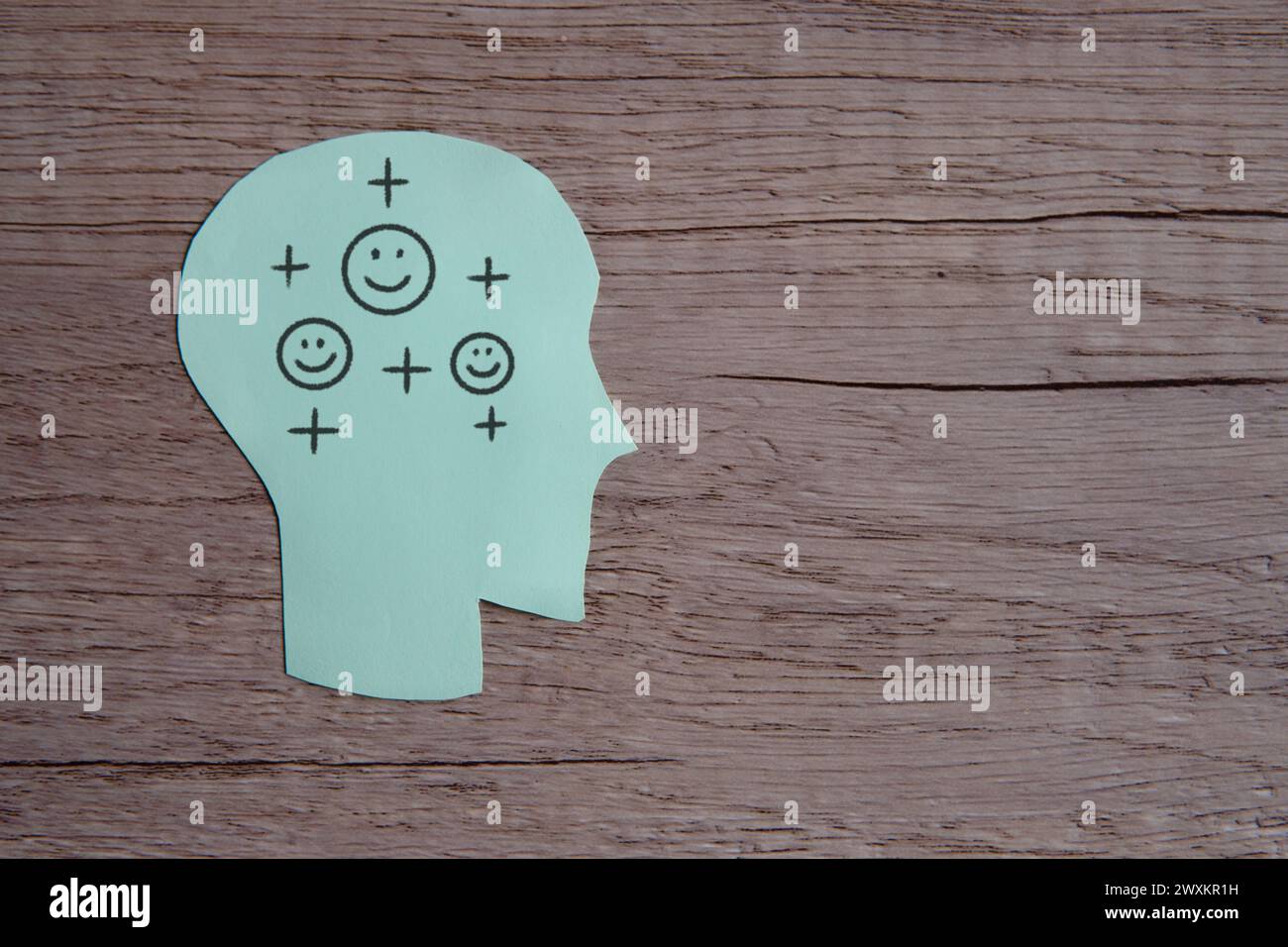 Ein grüner Papierausschnitt eines menschlichen Kopfes mit einem Lächeln und einem positiven Symbol. Kopierbereich für Text. Positives Denkkonzept. Stockfoto