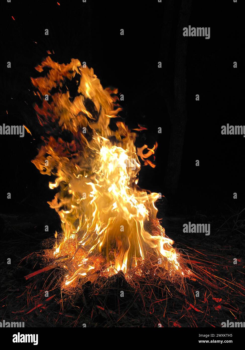 Nahaufnahme eines kleinen Feuers mit Flammen und aufsteigendem dunklem Rauch Stockfoto