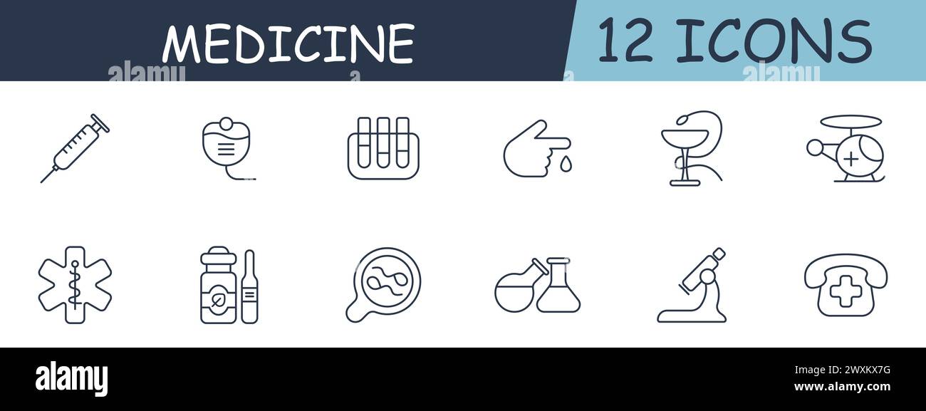 Symbol für „Medizin setzen“. Analyse, Blut, Helikopter, Chemikalien, Kolben, Becher, Mikroskop, Vergrößerung. 12-zeiliges Symbol. Vektorzeilensymbol für Unternehmen Stock Vektor