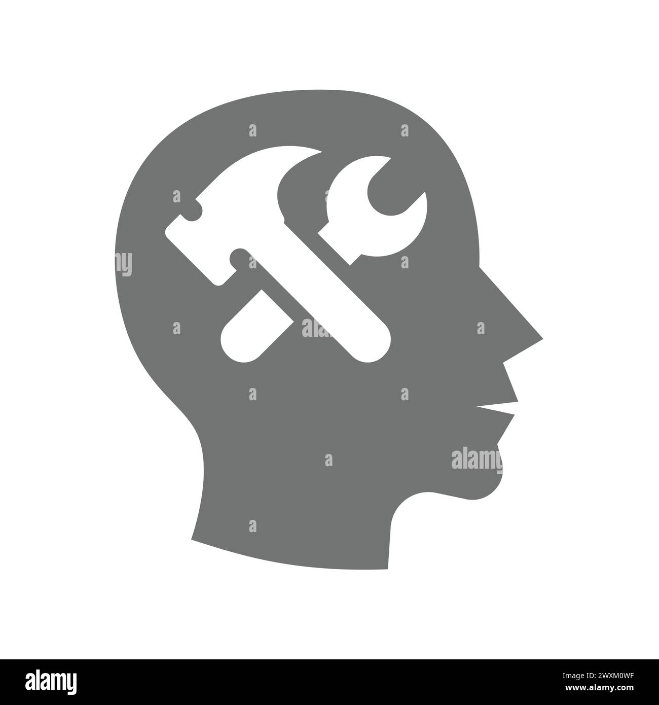 Menschliches Gehirn, Denken, Intellekt und Intelligenzvektor. Menschliches Design mit Schlüssel- und Hammersymbol. Stock Vektor