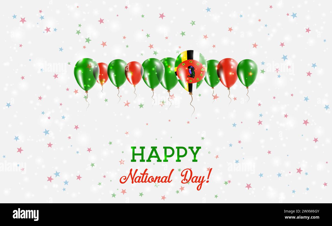 Dominica Unabhängigkeitstag Funkelndes Patriotisches Poster. Reihe von Ballons in den Farben der Dominikanischen Flagge. Grußkarte mit Nationalflaggen, Konfetti und Stock Vektor