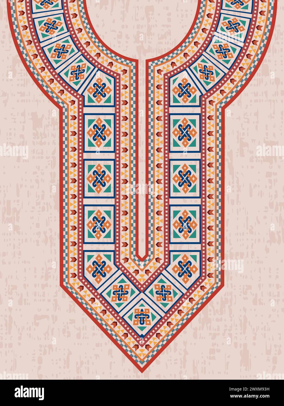 Dekoratives Design mit Nackenstickerei für den indischen Kurta mit keltischen Interlaced-Mustern und wiederholten geometrischen Formen in leuchtenden Farben. Stock Vektor