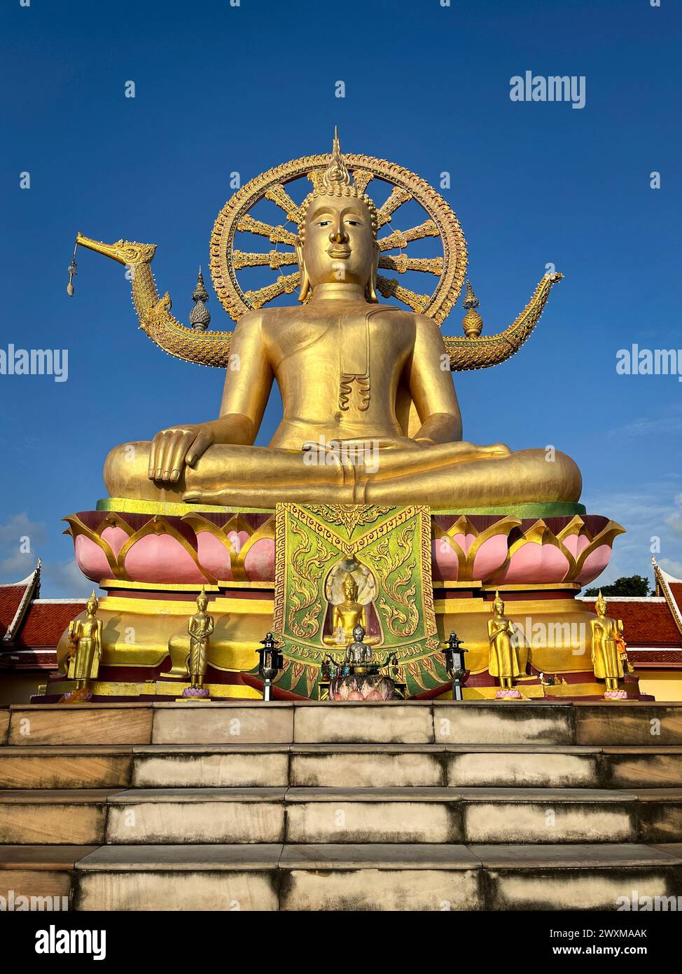 Koh Samui, Thailand - 24. Januar 2024: Der große Buddha-Tempel des Wat Phra Yai steht unter einem blauen Himmel auf der Insel Samui in Thailand. Stockfoto