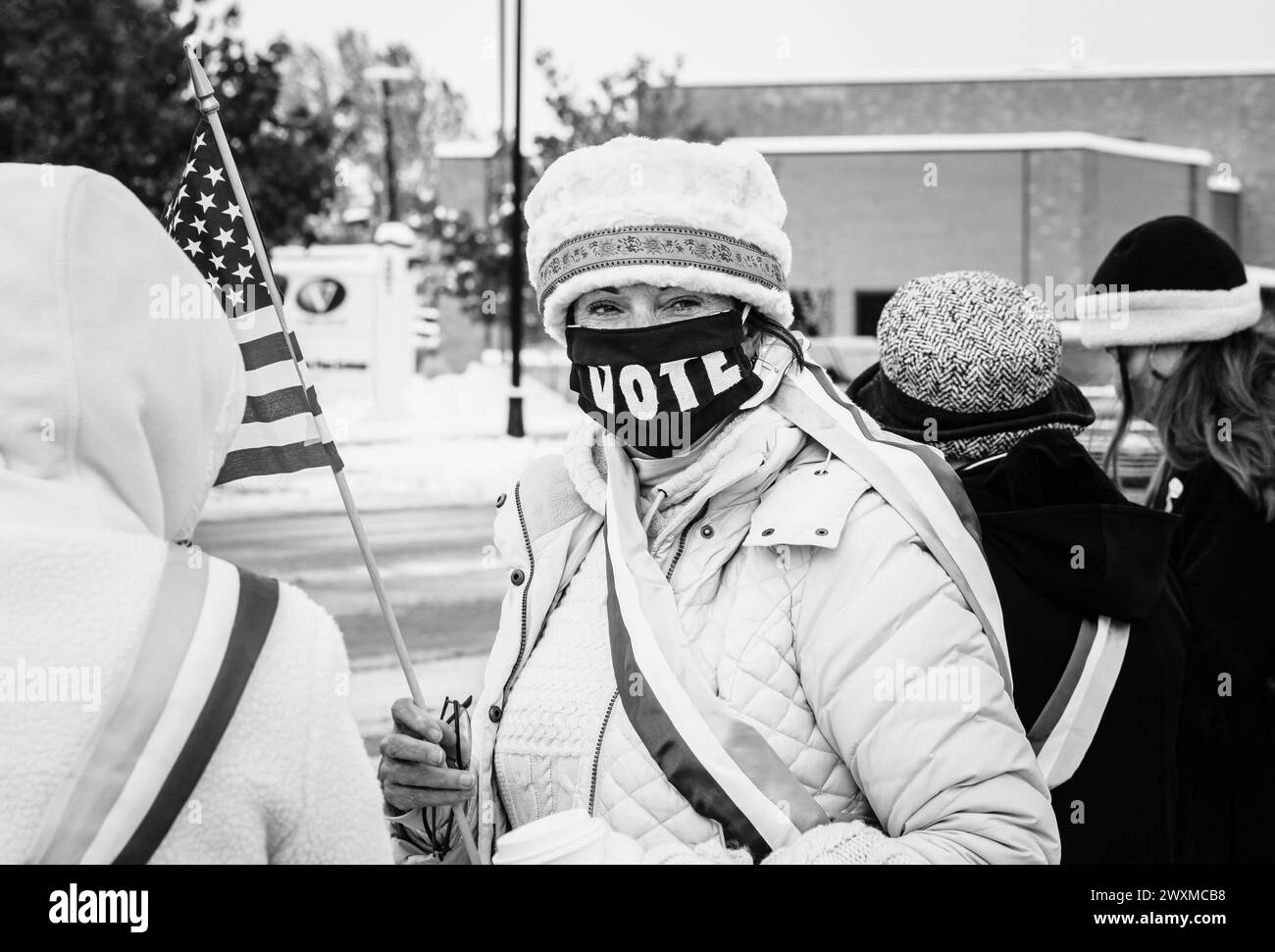 Aktivisten für Frauenwahlrecht an einem Wintertag in Missoula, Montana Stockfoto
