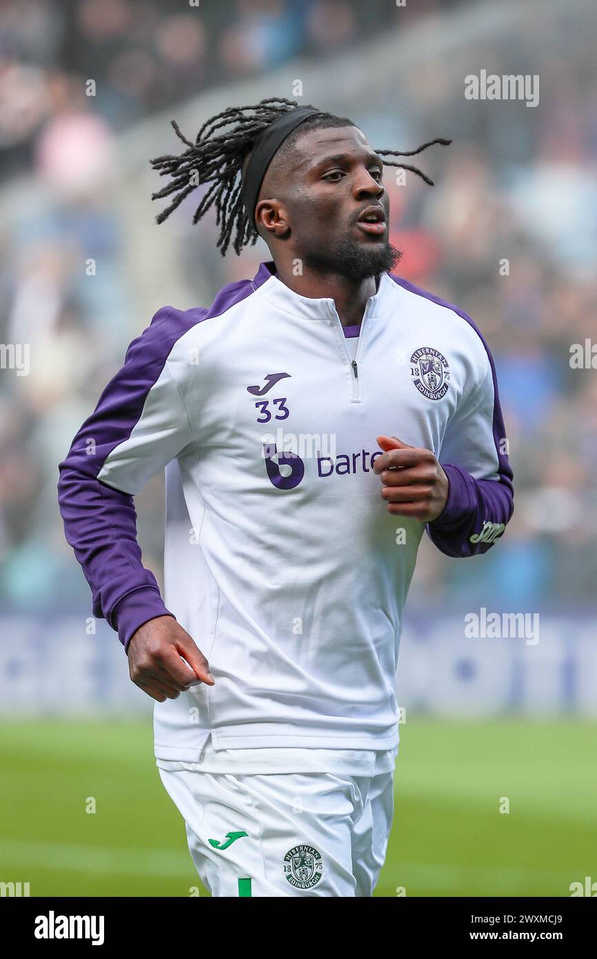 ROCKY BUSHIRI, Berufsfußballspieler, spielt derzeit für den Hibernian FC. Bild, das während einer Schulungssitzung aufgenommen wurde. Stockfoto