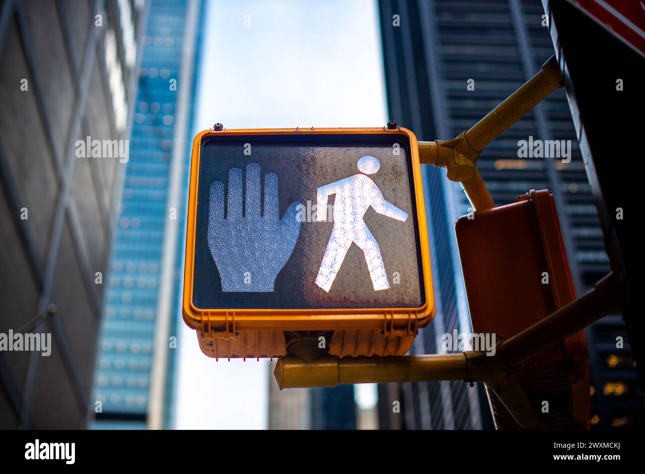 Fußgängerschild mit urbanen Wolkenkratzern im Hintergrund Stockfoto