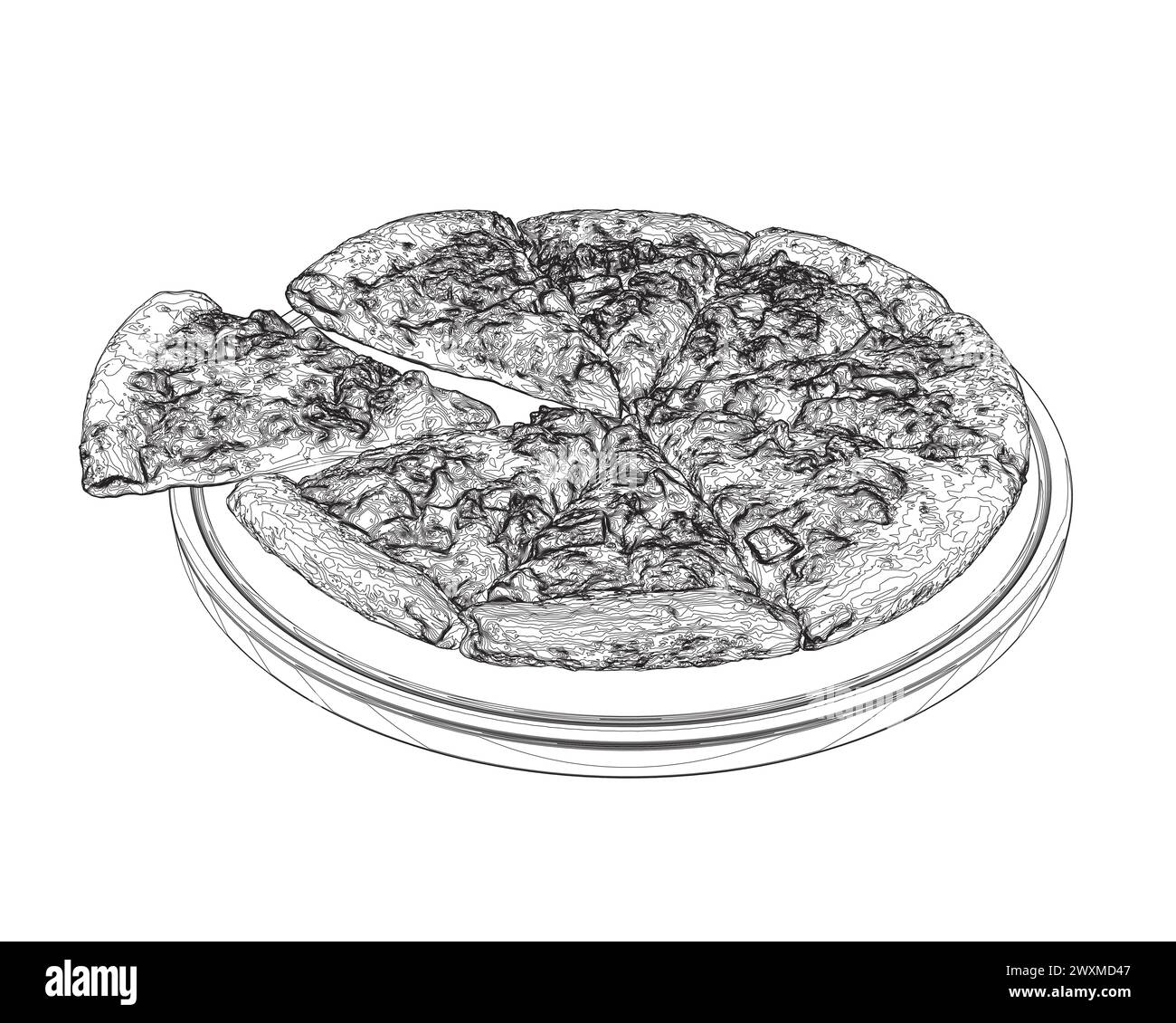 Pizza mit einem durch eine Schicht getrennten Drahtmodell-Symbol. Abbildung mit dünner Linie. Drahtmodellsymbol. Vektor-isolierte Zeichnung. Pizza mit einer Scheibe getrennter Linea Stock Vektor