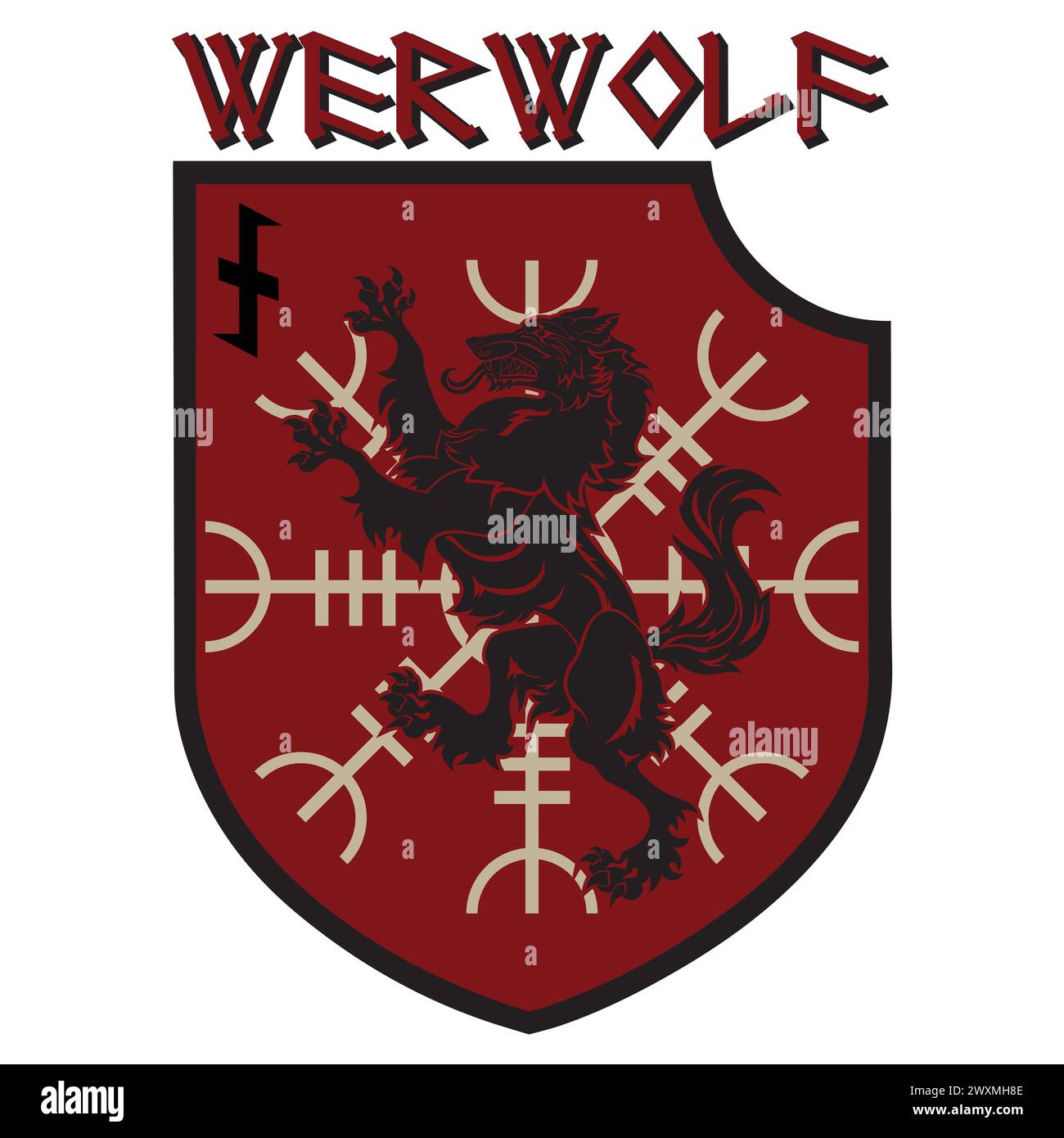 Design Patch. Wappenschild mit Werwolf, Helm of Awe und Rune Wolfsangel Stock Vektor