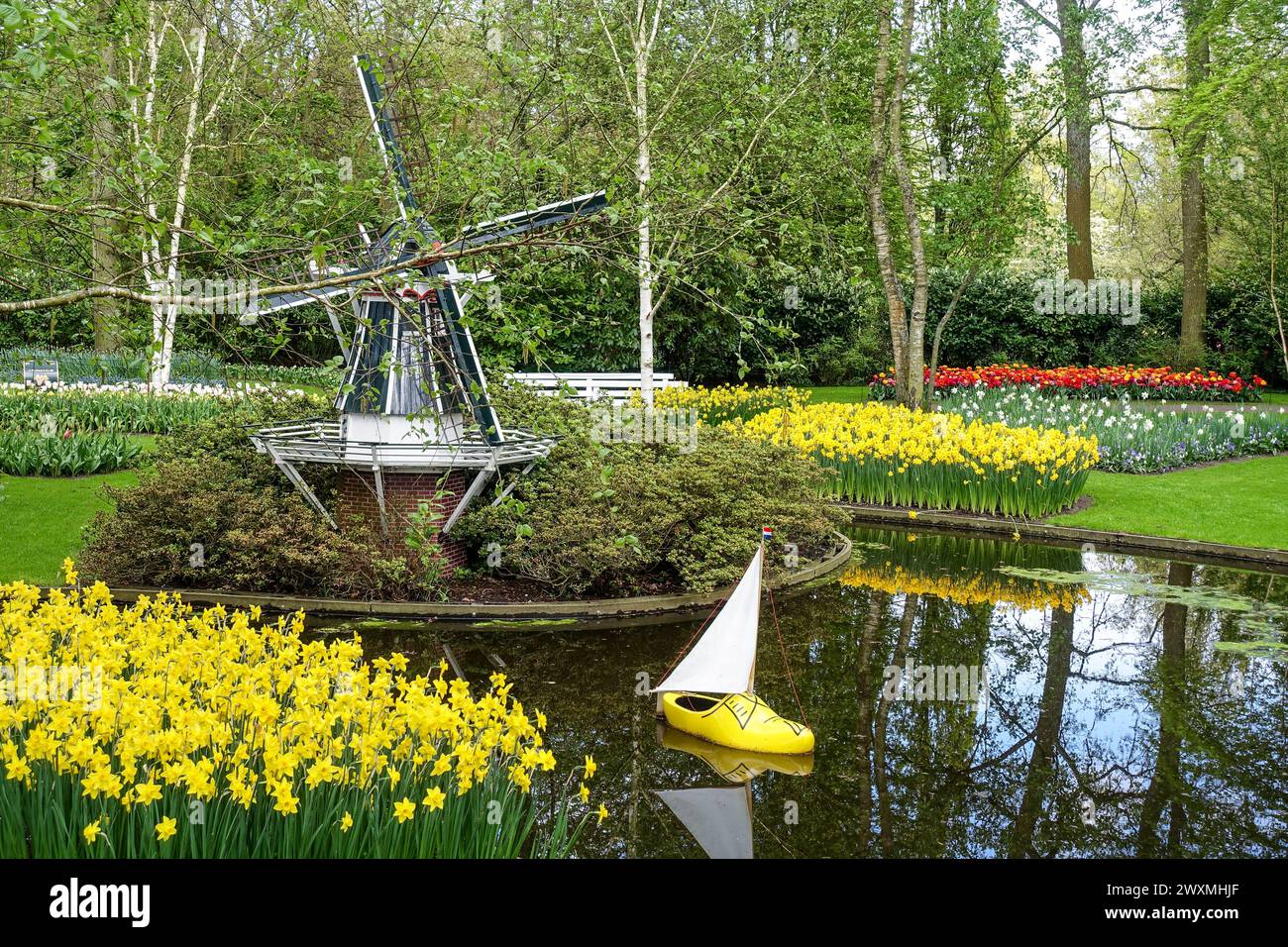Niederländische Klischees in den Gärten des Keukenhof: Gelbe Tulpen, eine Windmühle, Holzclogs und ein Segelboot Stockfoto
