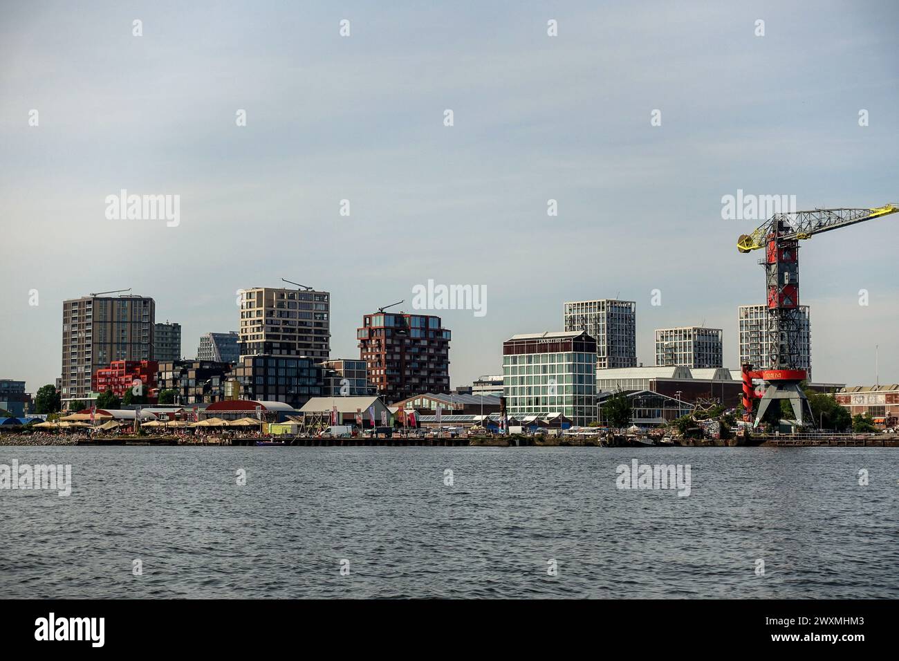 Moderne Skyline am Wasser mit Hochhäusern und farbenfrohen Industriekranen, die unter einem bewölkten Himmel in Amsterdam Noord über das Wasser blicken Stockfoto
