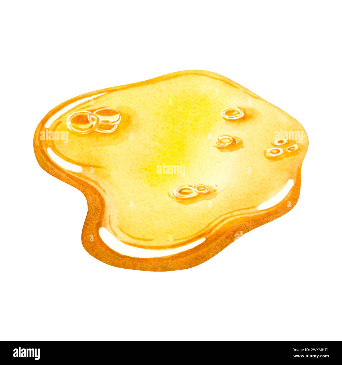 Ein goldener Tropfen Öl, der sich über die Oberfläche verteilt. Handgezeichnete Aquarellillustration einer auf dem Hintergrund isolierten Ölessenz. Schönheitsbehandlungen. Stockfoto