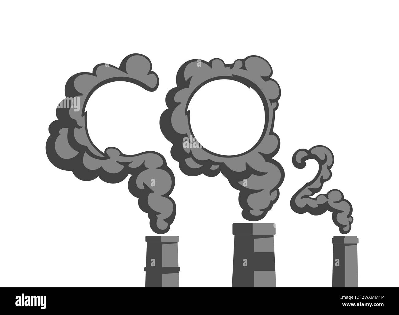 Kohlendioxidemissionen (CO2) aus Industrieanlagen. Fabrikschornsteine. Umweltverschmutzungskonzept. Illustration des flachen Vektors. Stock Vektor