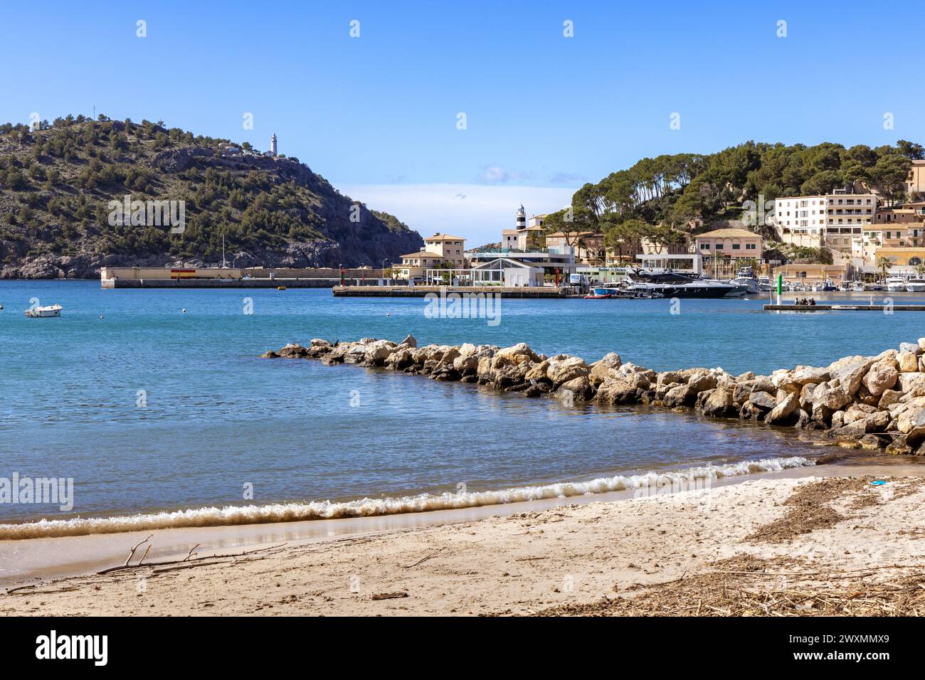 Port de Soller Strand und Hafen auf Mallorca, Spanien Stockfoto