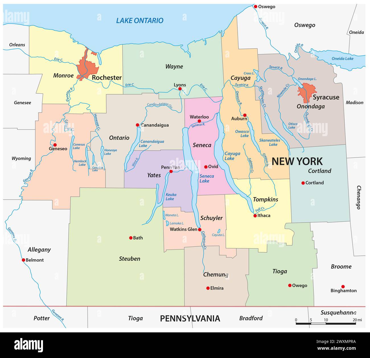 Vektorkarte der Finger Lakes Region, New York, Vereinigte Staaten Stockfoto