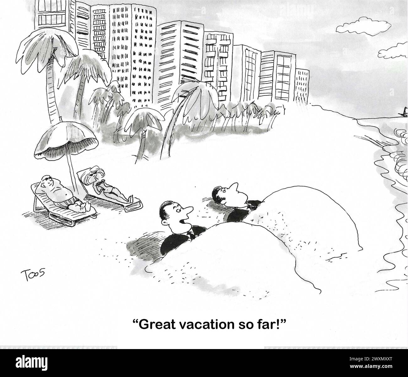 BW Cartoon von zwei Männern in Anzügen, aber im Sand am Strand begraben. Stockfoto