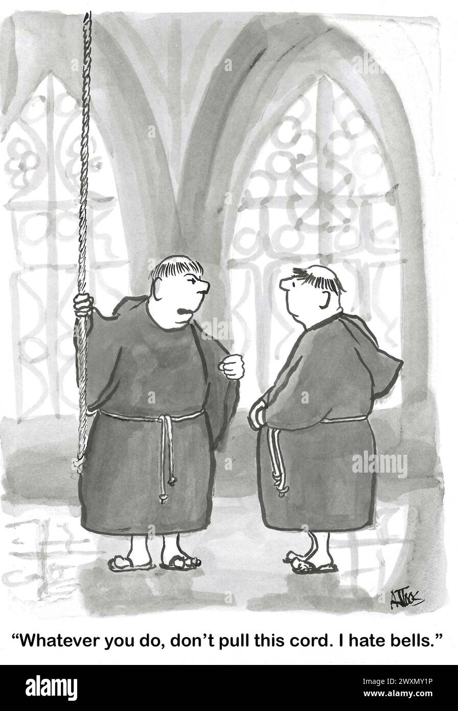 BW-Cartoon eines Mönchs, der darum bittet, nicht an der Glockenschnur zu ziehen. Stockfoto