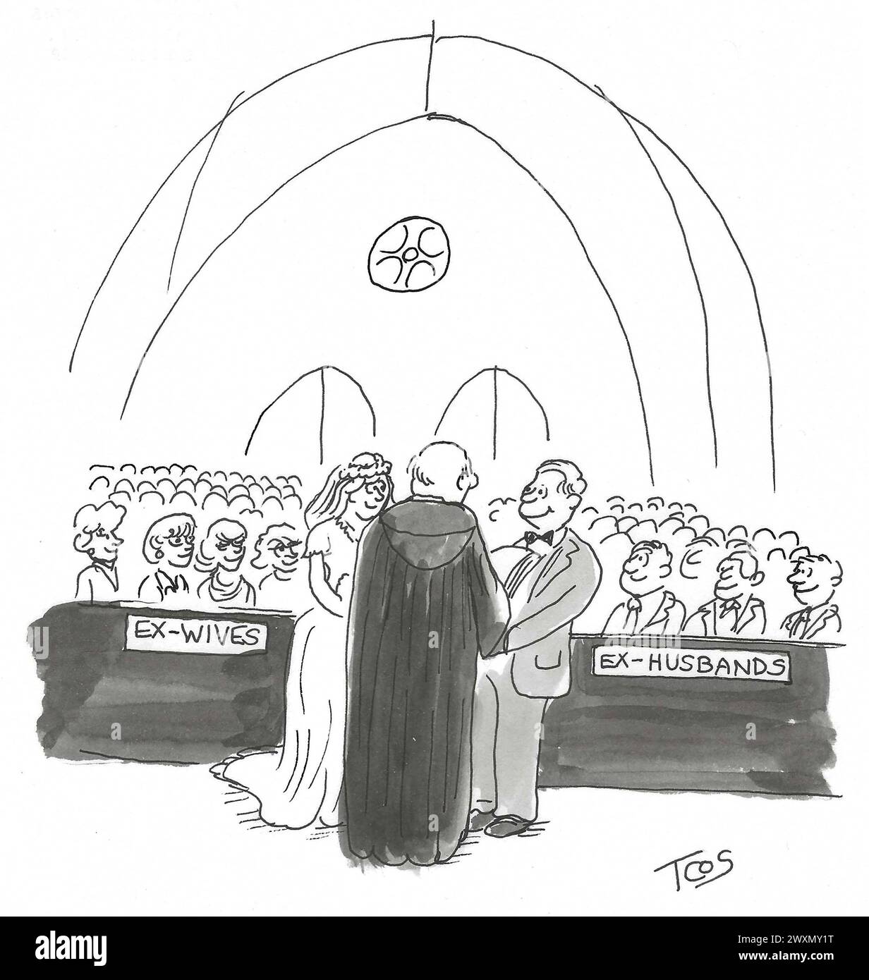 BW-Cartoon von einem Ehepaar, das heiratet, und dem kirchlichen Publikum gehören Ex-Ehemänner und Ex-Ehefrauen. Stockfoto
