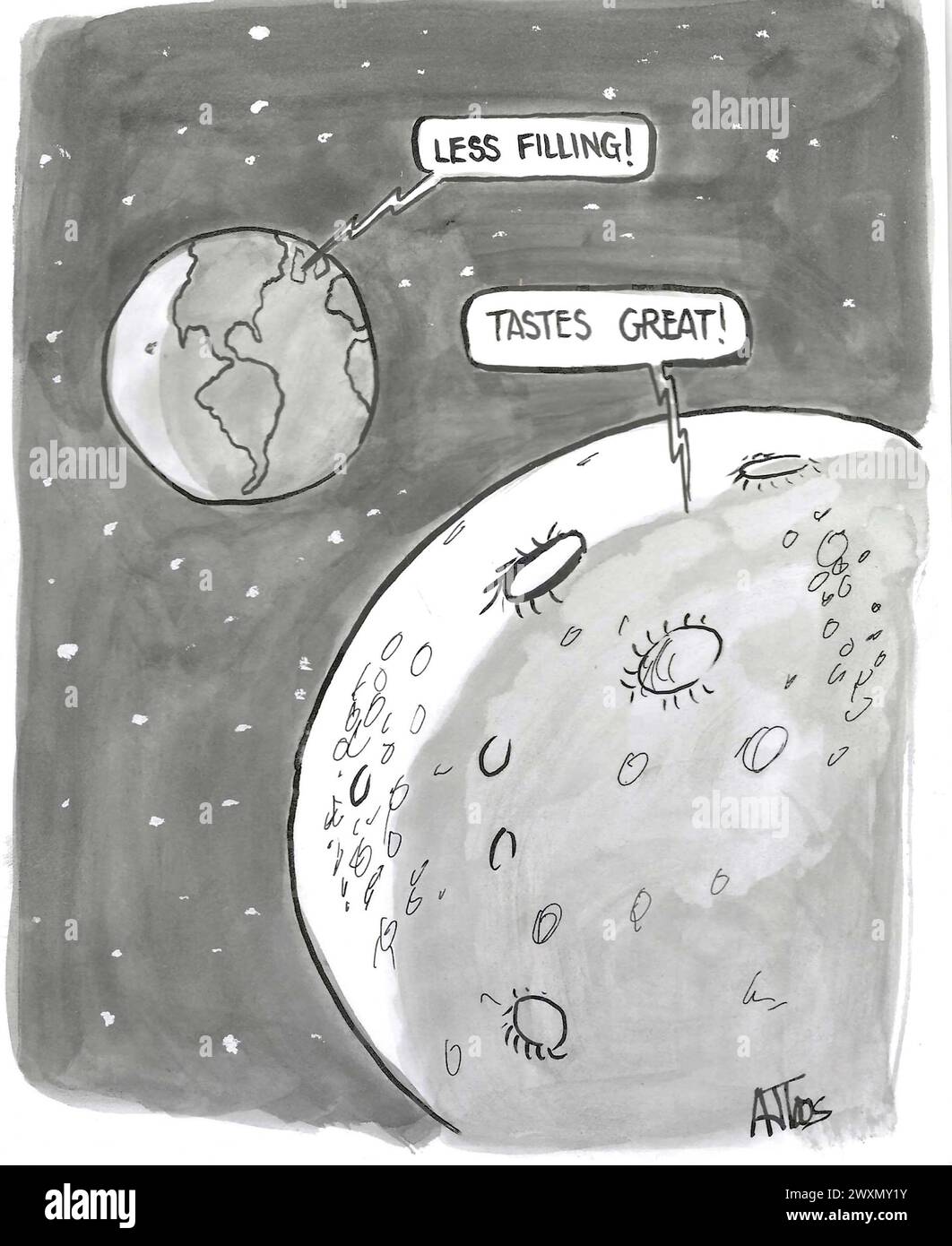 BW Cartoon von Erde und Mond reden. Stockfoto