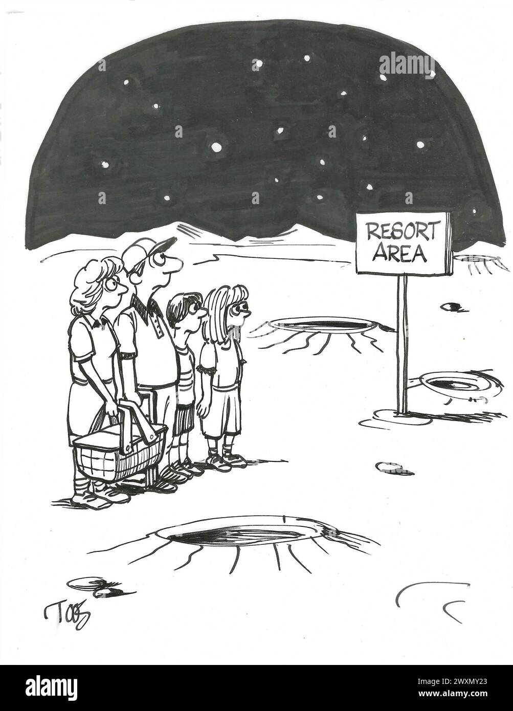 BW Cartoon einer Familie, die gerade im Resort angekommen ist. Es ist nicht wie angegeben. Stockfoto