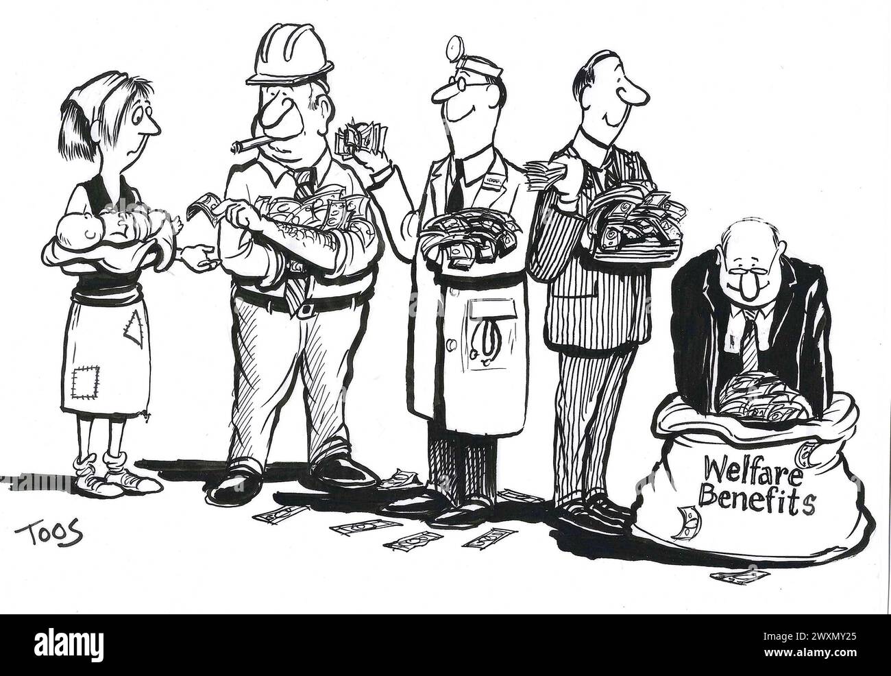 BW-Cartoon, der zeigt, wie die Sozialleistungen sinken, bevor sie zum Endbegünstigten gelangen. Stockfoto