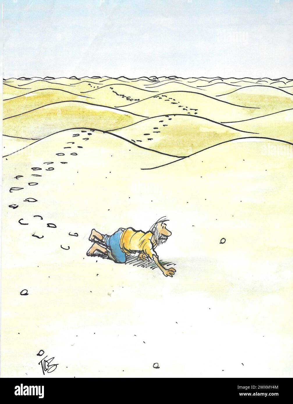 Farb-Cartoon, während ein verlorener Mann durch den Wüstensand kriecht. Stockfoto