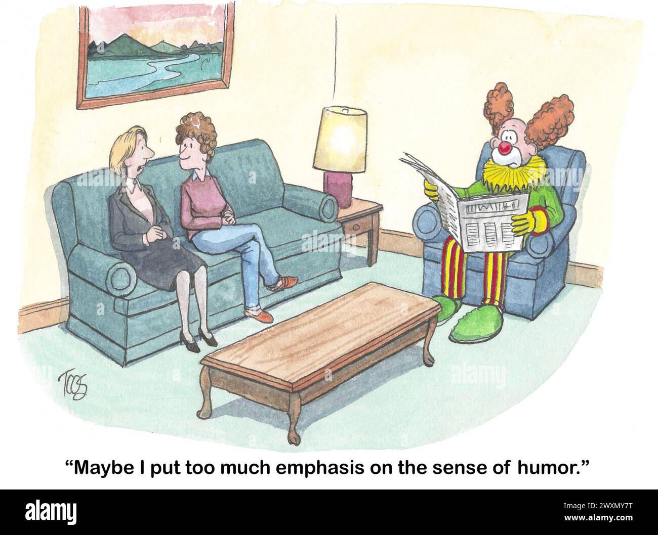 Farb-Cartoon einer Frau, deren Mann ein Clown ist, sie legt zu viel Wert auf Humor. Stockfoto