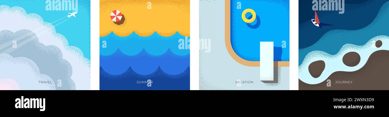 Abstraktes quadratisches Banner im Retro-Look im Sommer. Flugzeug fliegt in den Wolken und Vintage-Muster. Yacht auf Meer und Strand mit Swimmingpool im Urlaub trendiges minimalistisches EPS-Poster. Sommerreise Stock Vektor