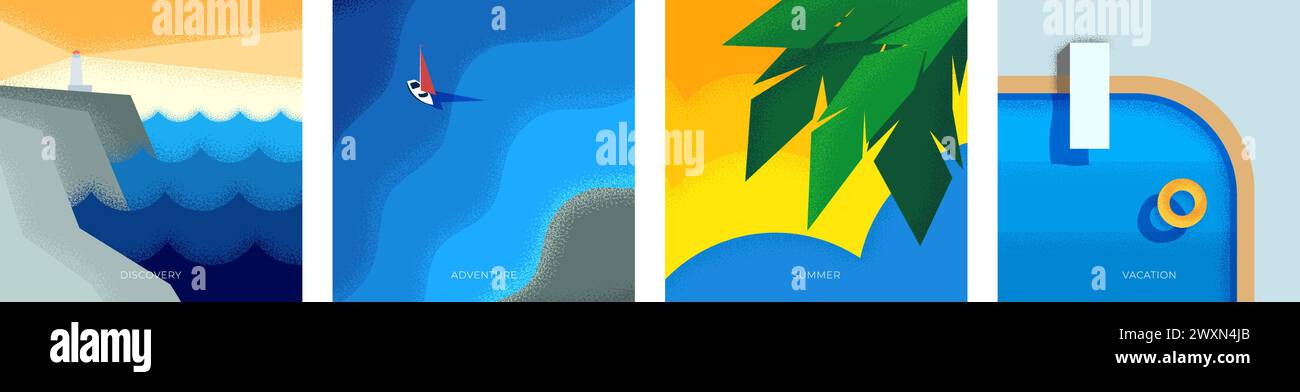 Abstraktes quadratisches Banner im Retro-Look im Sommer. Leuchtturm auf Rock Seasore Vintage-Muster. Yacht auf Meer und Strand mit Swimmingpool im Urlaub trendige minimalistische EPS Abdeckung. Sommerreise Stock Vektor