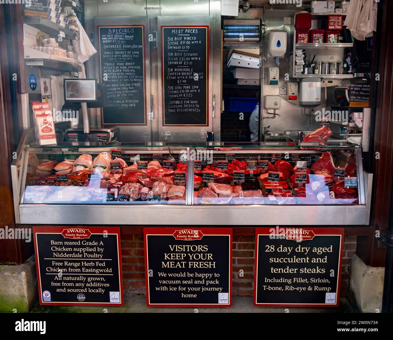 Swains Family Metzger, The Shambles, York, England, Großbritannien Stockfoto