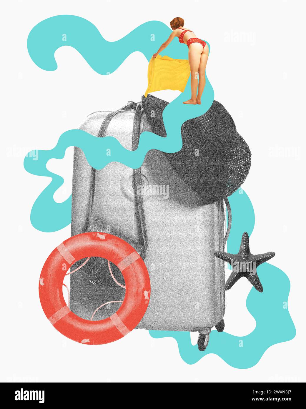 Junge Frau im Badeanzug, die ein Handtuch zum Sonnenbaden auflegt, monochrome Koffer und Hutgegenstände, Schwimmkreis. Sommerurlaub am Strand. Zeitgenössische Kunst Stockfoto