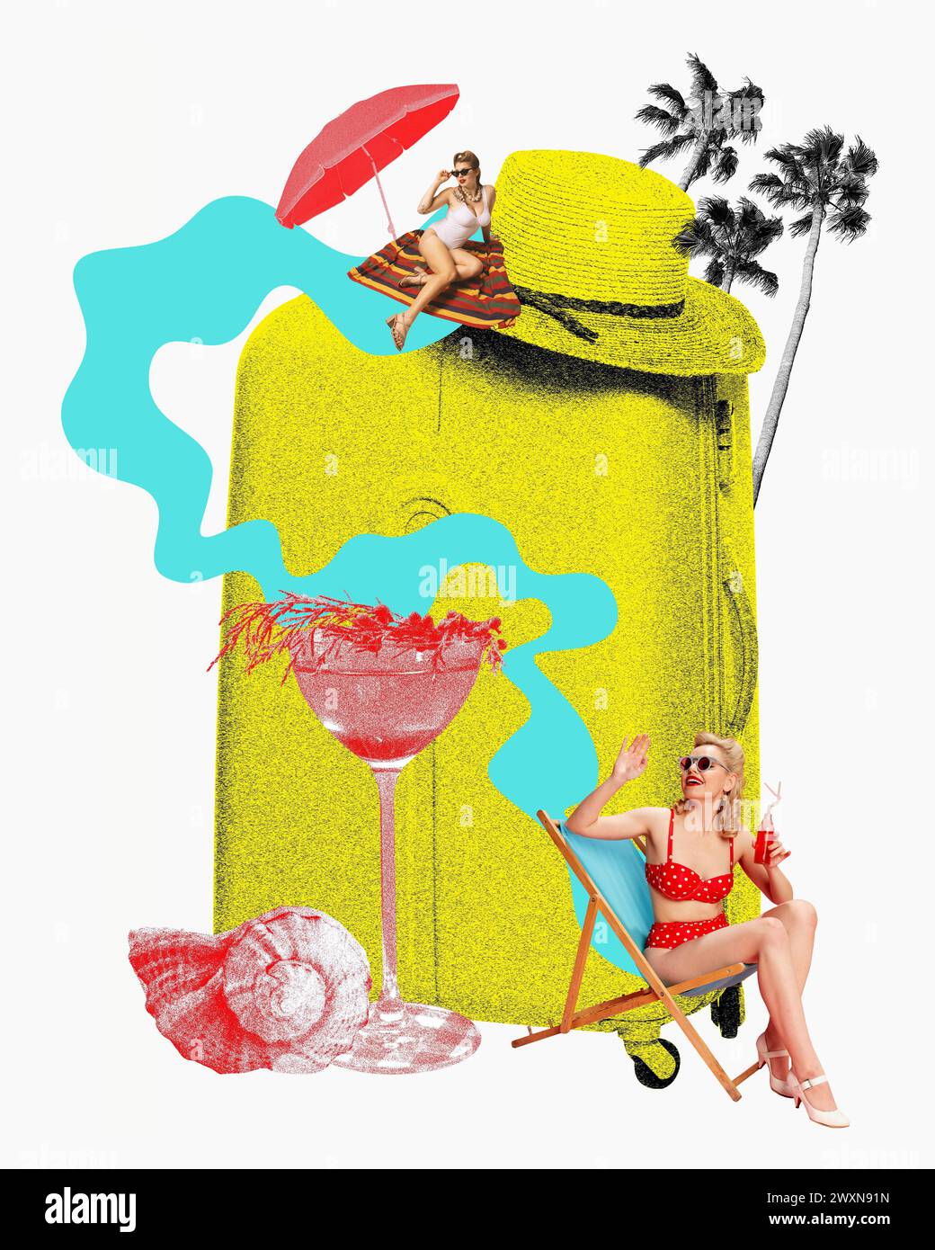 Zeitgenössische Kunstcollage. Zwei elegante Frauen in Badeanzügen am Strand mit Cocktail, Muschel auf abstraktem Meereshintergrund Stockfoto