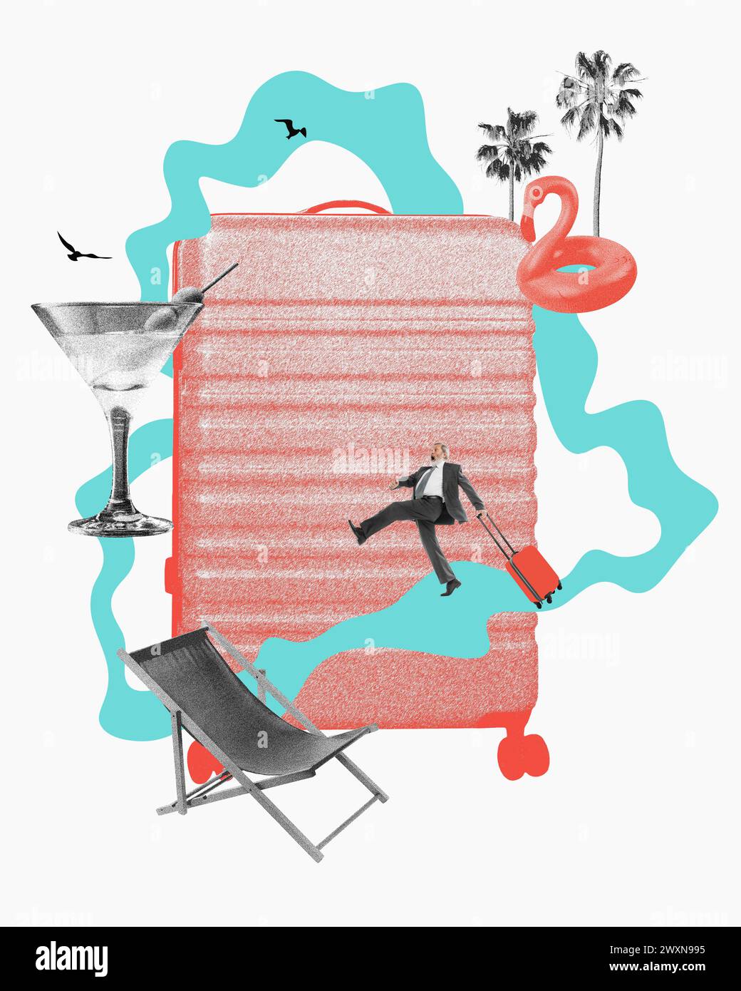 Geschäftsmann, der mit Koffer, Stuhl, Cocktail und Flamingo-Schwimmkreis im Hintergrund in Urlaub geht. Zeitgenössische Kunstcollage Stockfoto