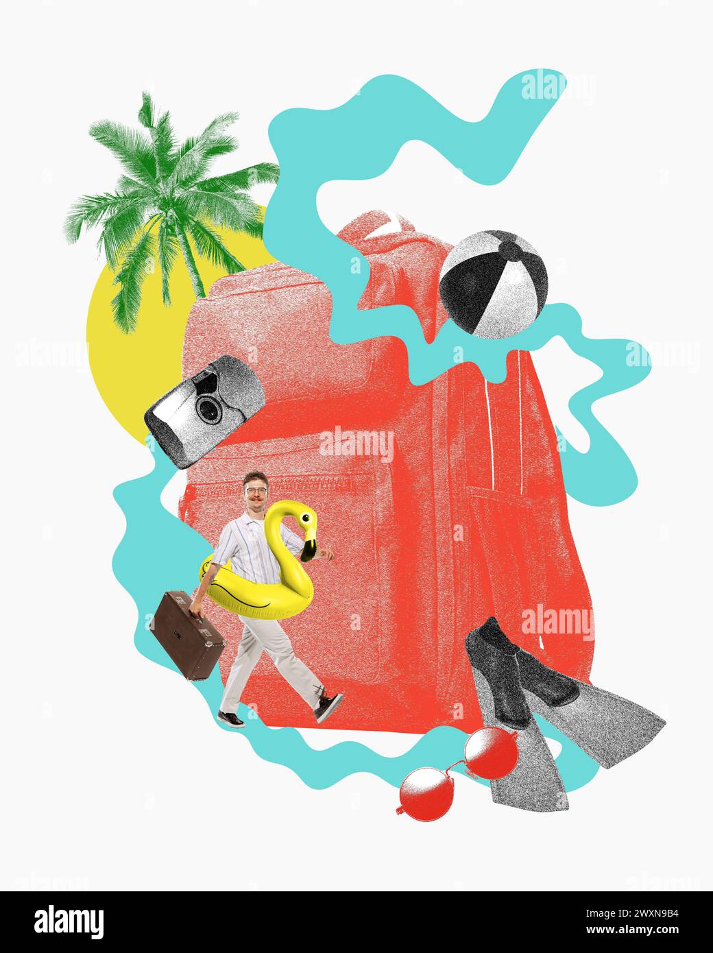 Geschäftsmann mit Aktentasche und Schwimmkreis, der mit Sommerreiseartikeln im Hintergrund in Urlaub geht. Zeitgenössische Kunstcollage Stockfoto