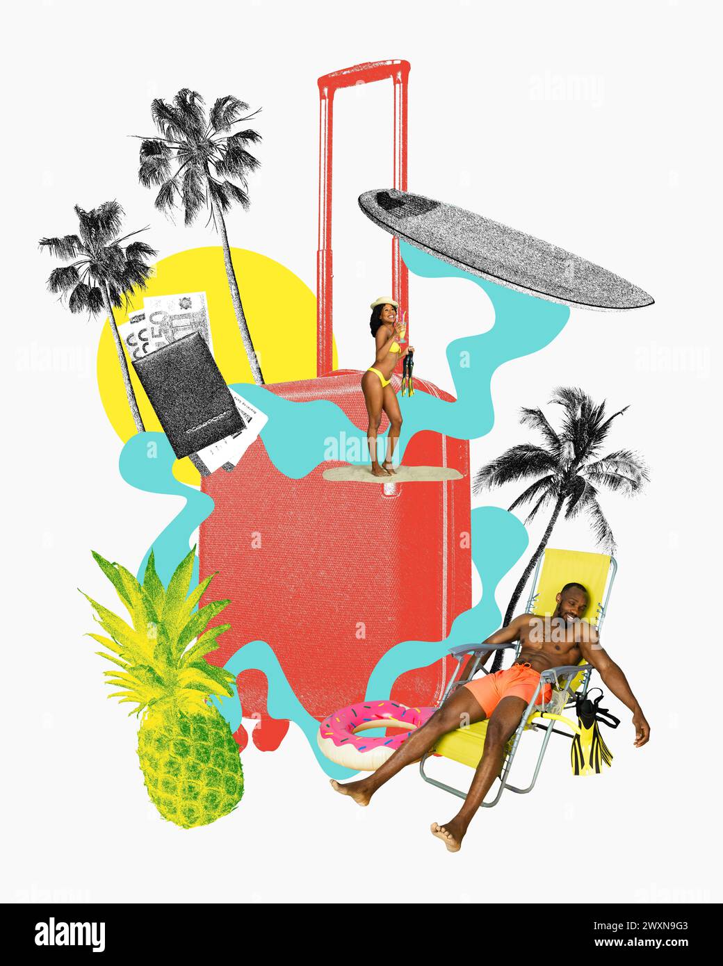 Männliche und weibliche Reisende mit Koffer, Surfbrett und Strandurlaubselementen im Hintergrund. Zeitgenössische Kunstcollage Stockfoto