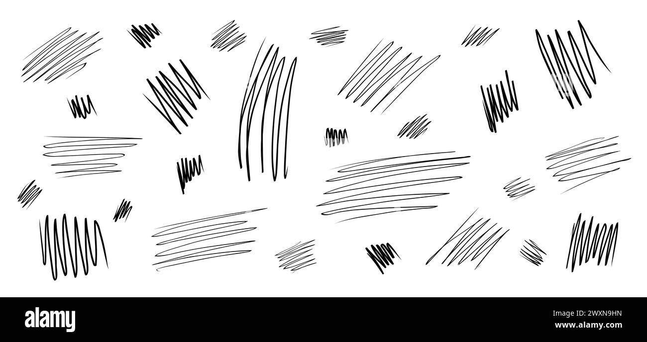Scribble Striche, handgezeichnete Grunge Strikethrough, abstrakte Kritzeleien isoliert auf weiß. Stock Vektor
