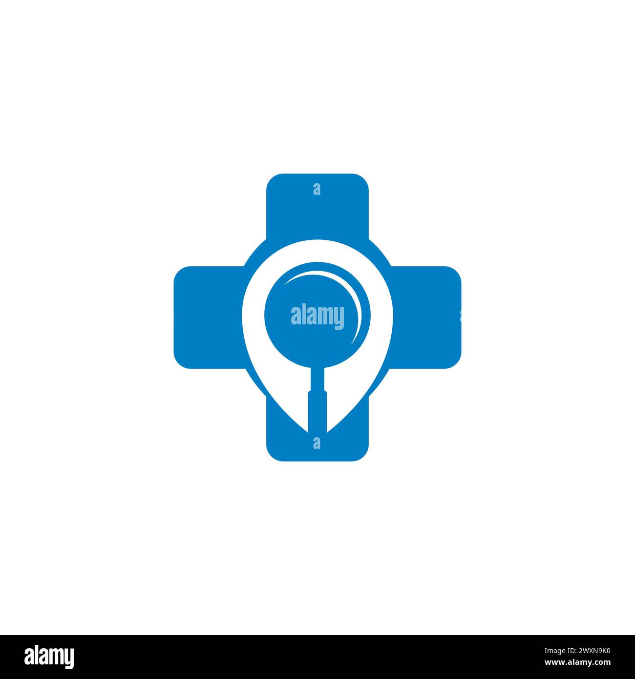 Medizinischer Cross Pin Map Finder Logo Design Vektor. Medizinisches Krankenhaus-Symbol und Lupe-Logo-Design im Negativraum Stock Vektor