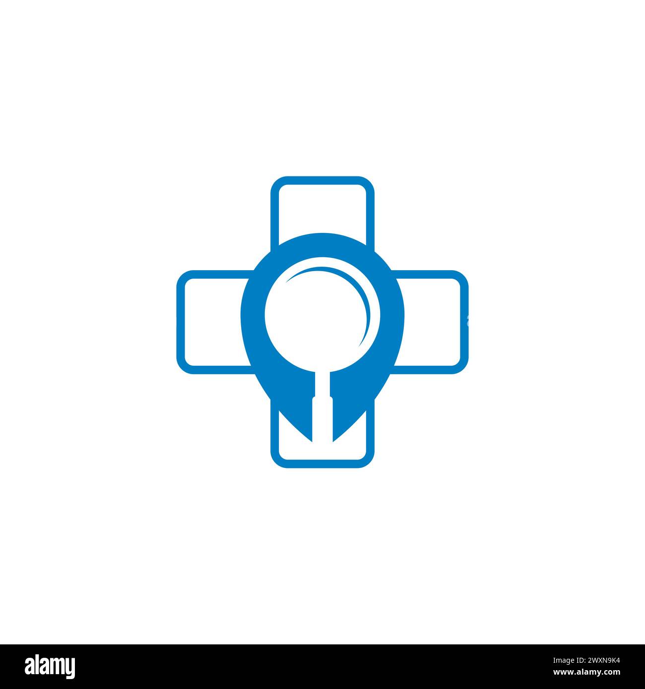 Medizinischer Cross Pin Map Finder Logo Design Vektor. Medizinisches Krankenhaus-Symbol und Lupe-Logo-Design im Negativraum Stock Vektor
