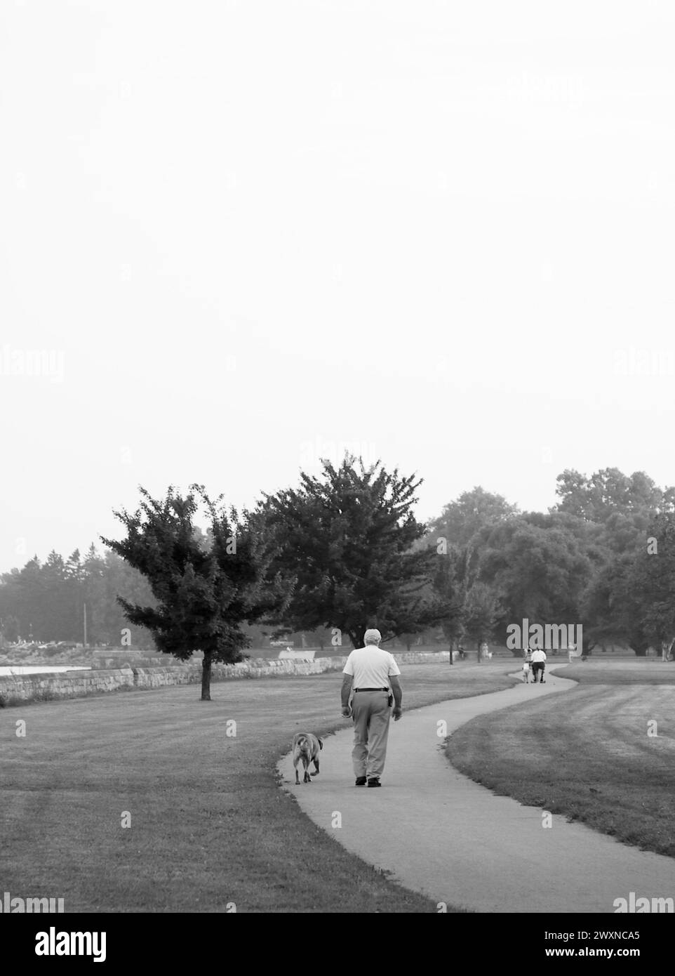 Mann geht mit Hund durch den Niagara River in Kanada Stockfoto