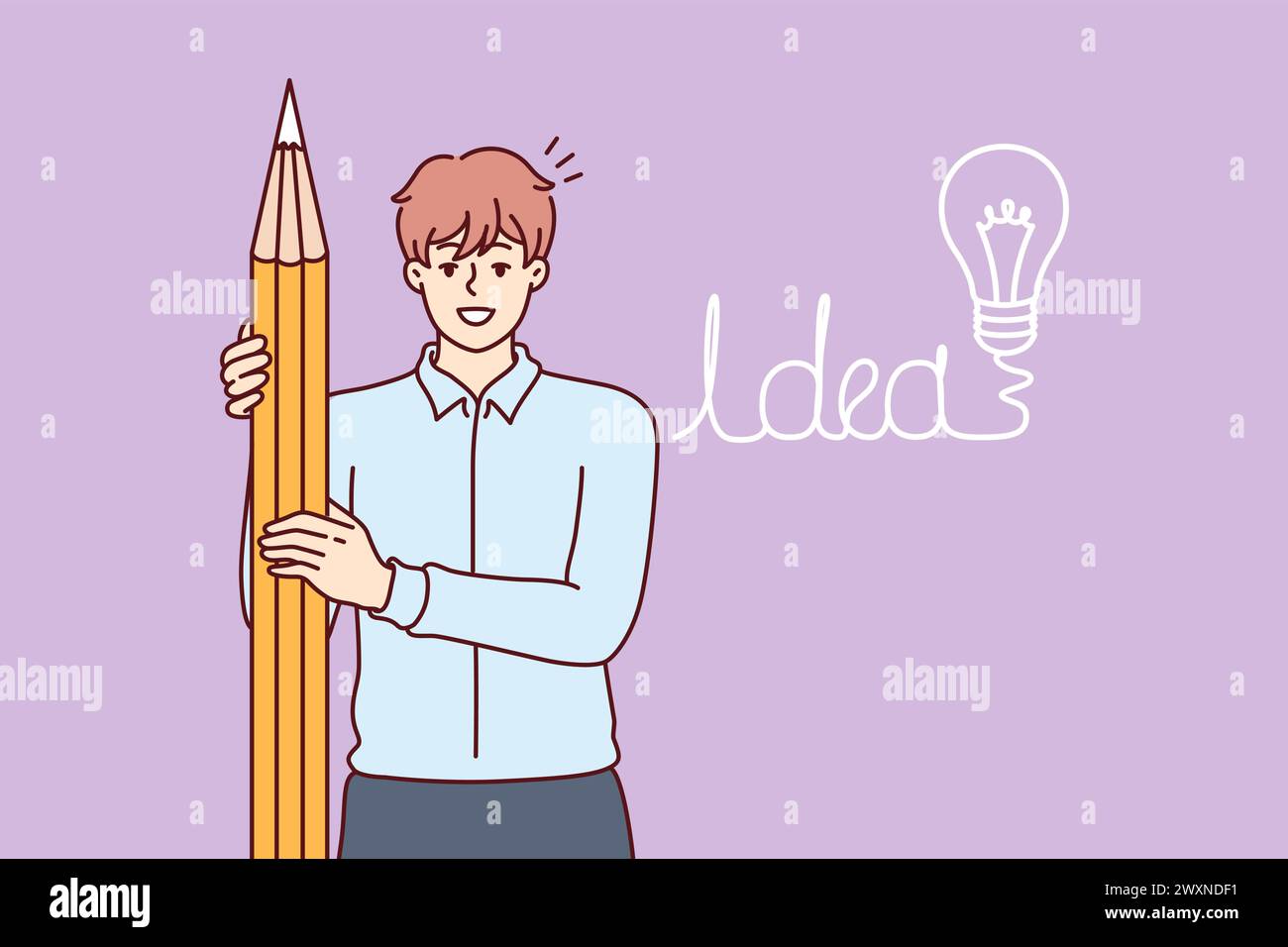 Der Geschäftsmann hat sich eine Idee ausgedacht, Kunden anzulocken und einen riesigen Bleistift zu halten, der neben dem Zeichnen einer Glühbirne steht. Guy Student freut sich über die Idee, eine erfolgreiche Abschlussarbeit zu schreiben Stock Vektor