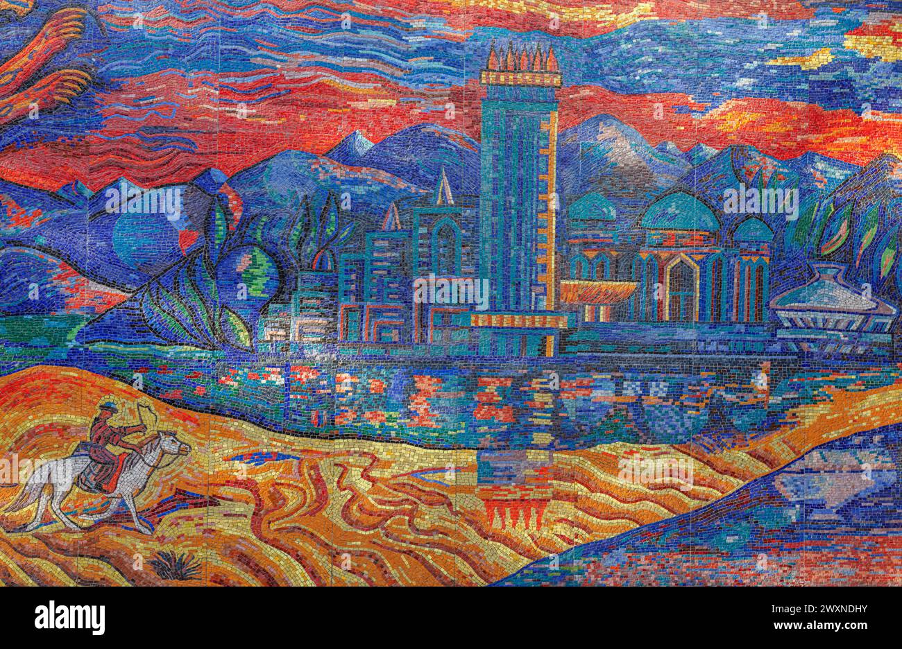 Mosaikbild Enlik Kebek, 1965, Almaty Hotel, Almaty, Kasachstan Stockfoto