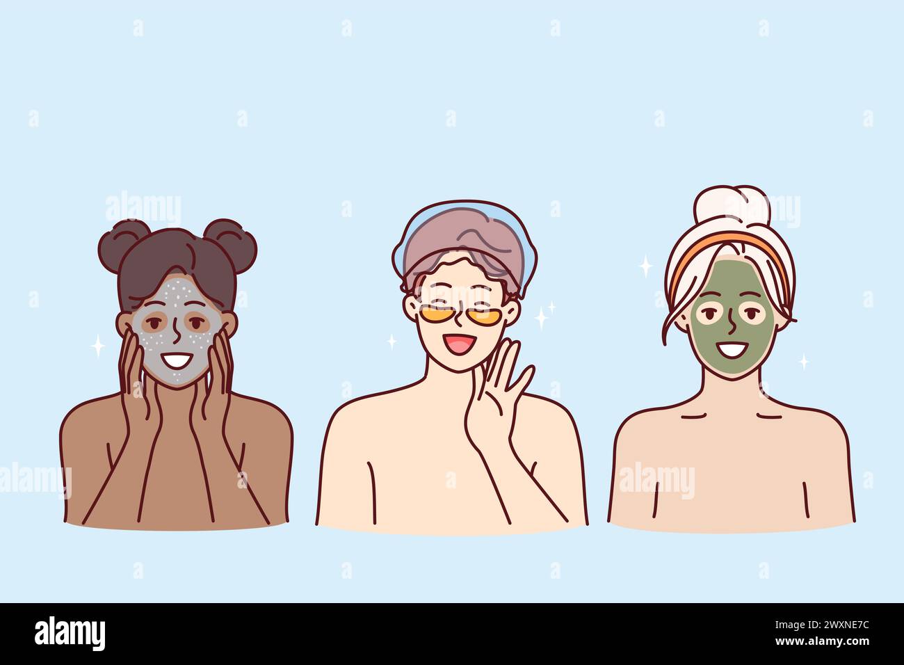 Kosmetologie und SPA-Verfahren für zwei Frauen und Männer, die aus Ton und Creme Verjüngungsmasken herstellen. Glückliche Menschen verwenden Lotionen oder Pflaster, um dunkle Ringe unter den Augen zu entfernen, wenn sie das SPA Center besuchen Stock Vektor