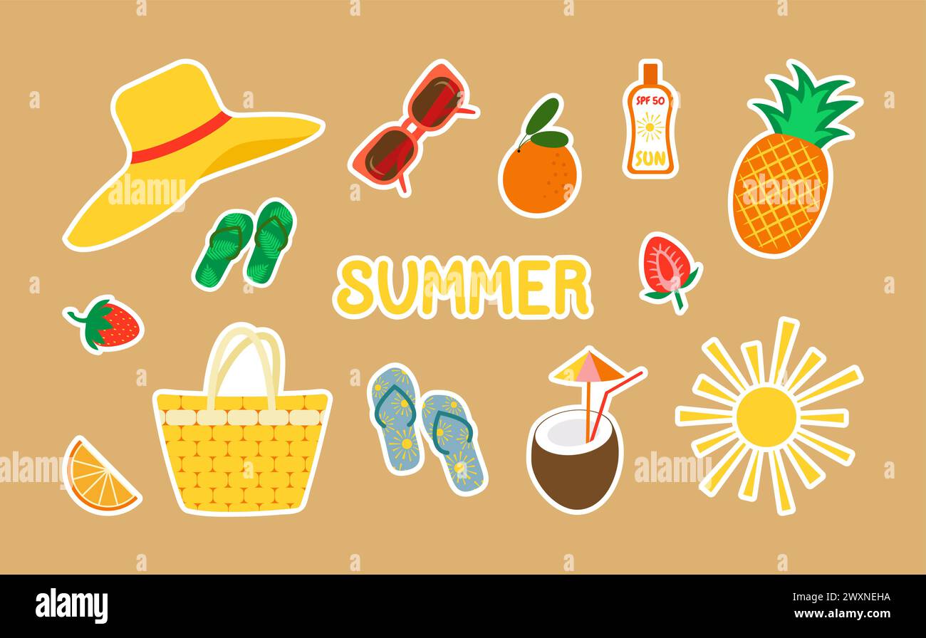 Vektorabbildung. Ein Set von Stickern zum Thema Sommer, Meer Stock Vektor
