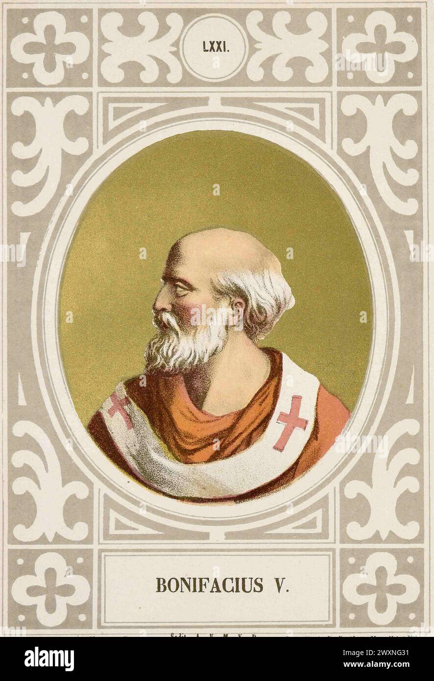 Ein Kupferstich von Papst Bonifatius V. aus dem Jahr 1879, der von 619 bis 625 Jahre alt war. Er war der 69. Papst. Stockfoto