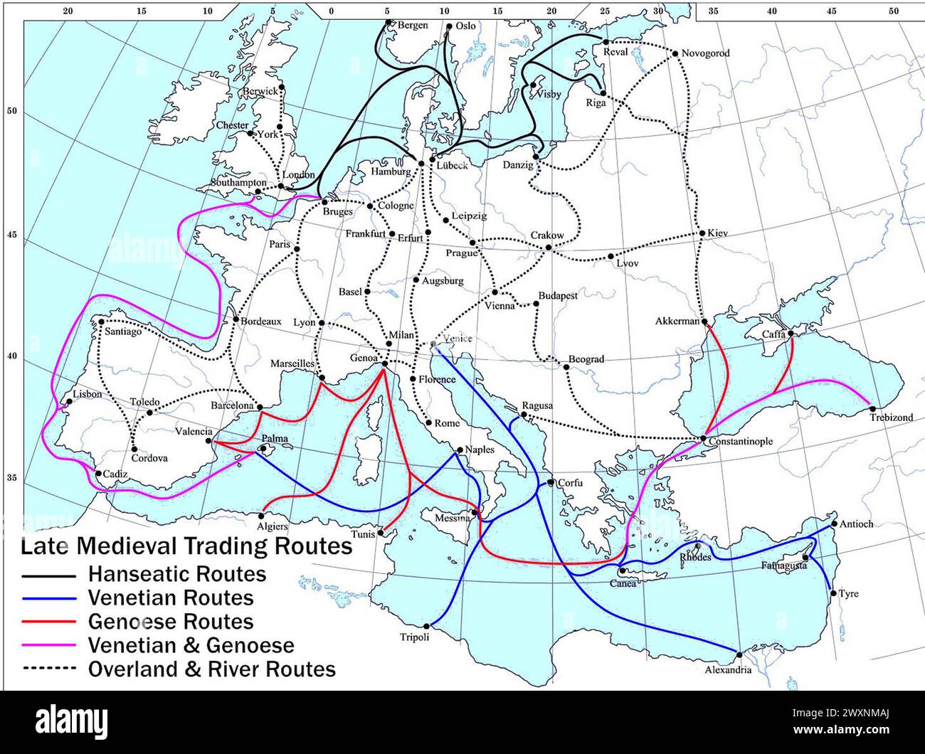 Wichtigste Handelsrouten des spätmittelalterlichen Europas Stockfoto