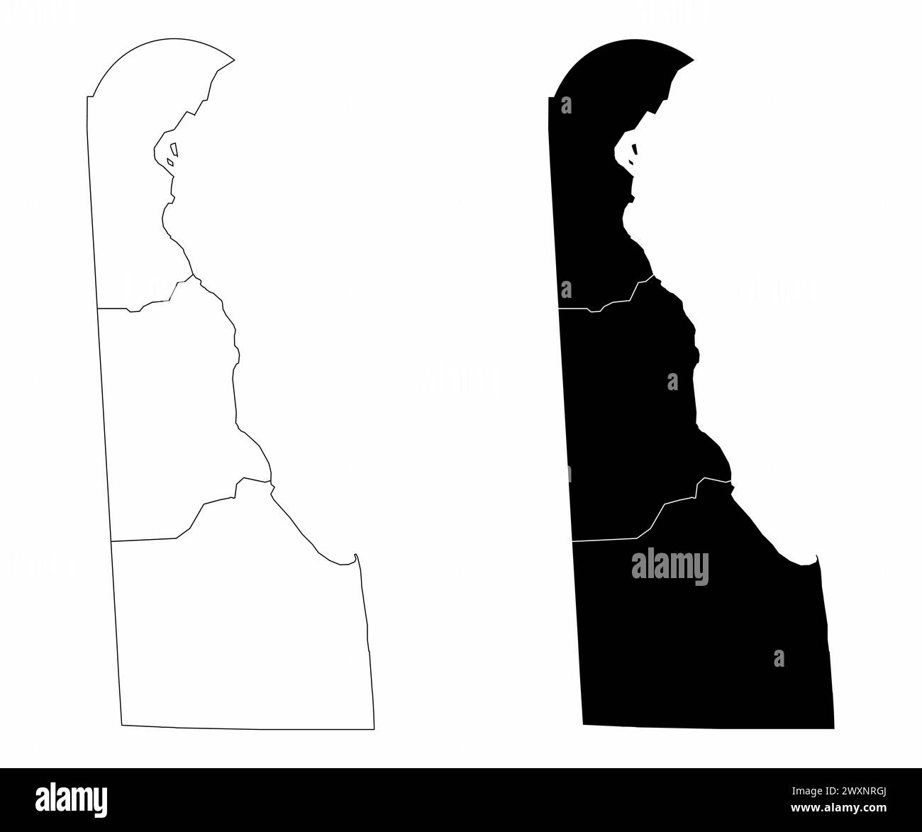 Die schwarz-weißen Verwaltungskarten des Bundesstaates Delaware, USA Stock Vektor
